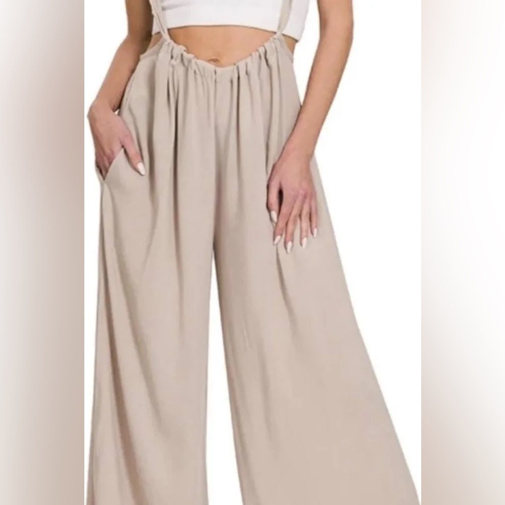Brand New Zenana Boho Wide Leg Jumpsuit w/ Pockets Stone Light Grey Rayon Small - Picture 2 of 5